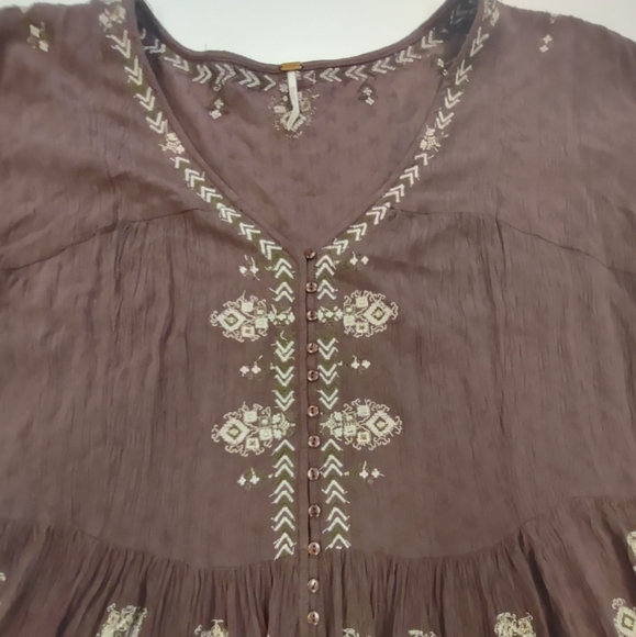 Free People Top Women’s Medium Arianna Tunic Bark Brown Embroidered Boho Flowy - Picture 2 of 11